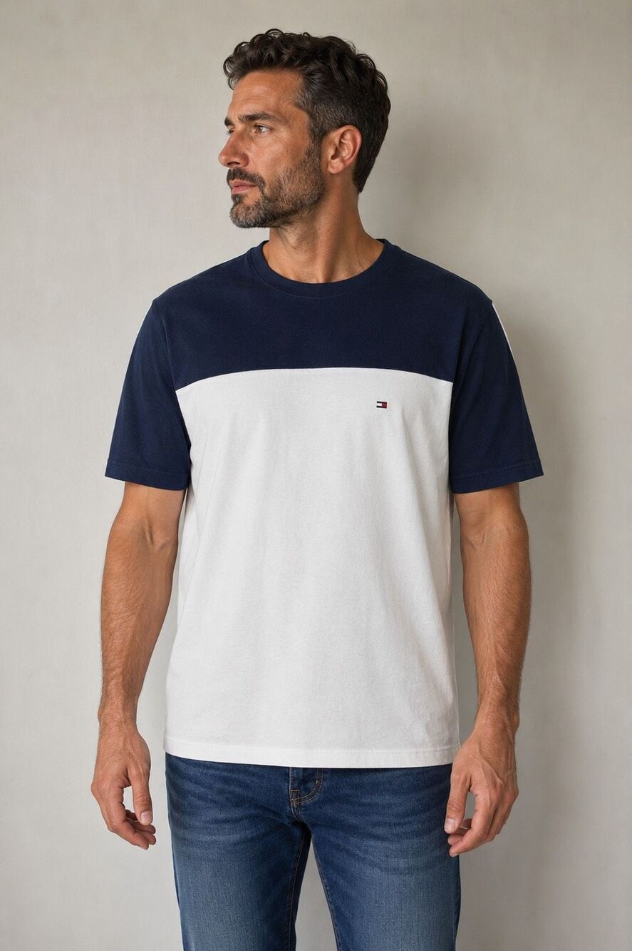 Tommy Hilfiger Colorblock T Shirt Navy White Logo Cotton Size XL